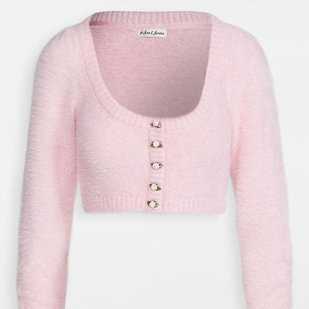For Love And Lemons Anastasia Pink Fuzzy Rosette Cropped Cardigan